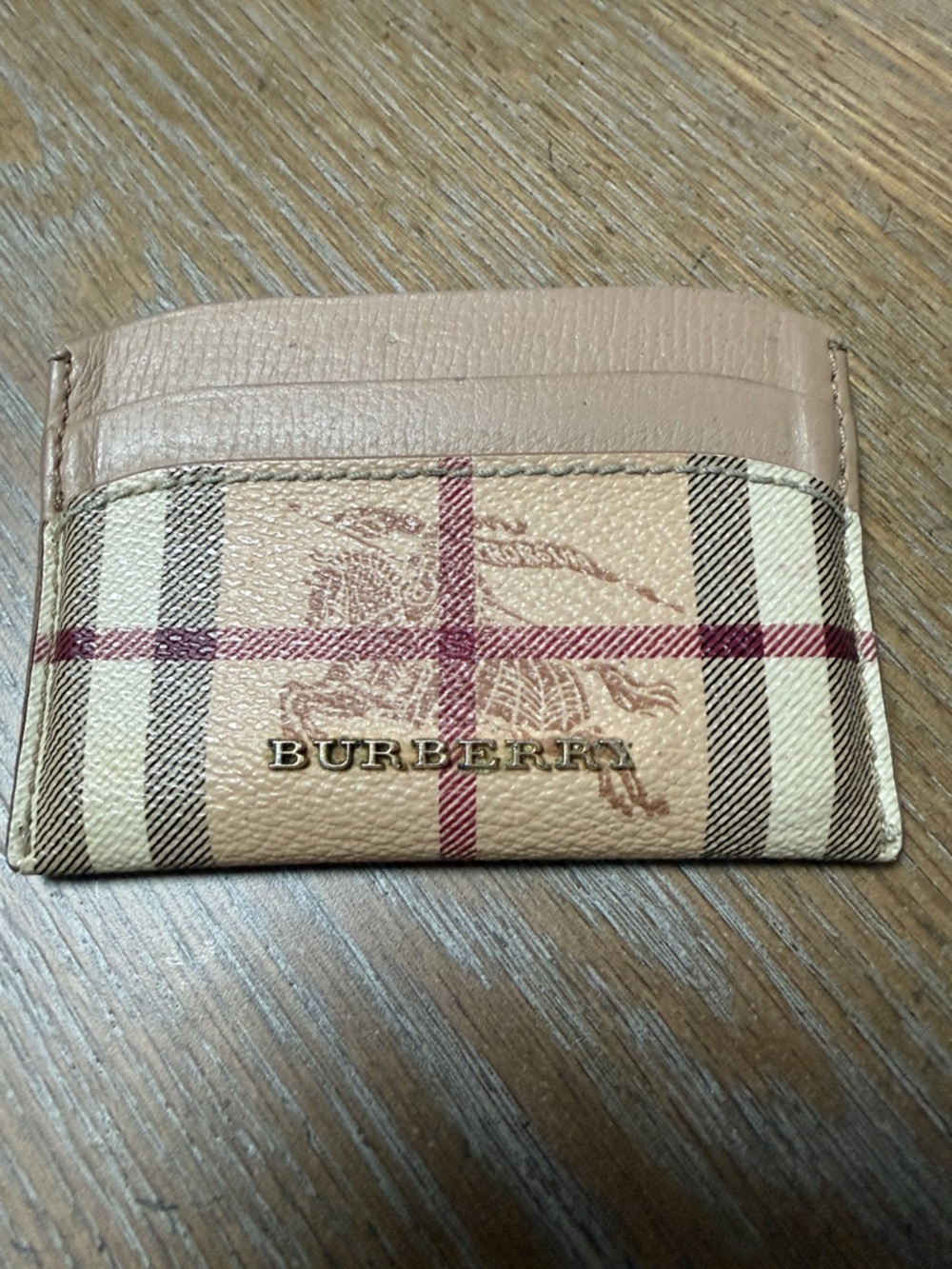 Burberry Beige Haymarket Check Card Holder with Metal Logo